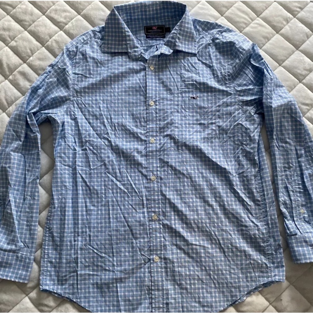 Vineyard Vines Tucker Aqua Blue Checkered Button Down Long Sleeve Shirt Large L